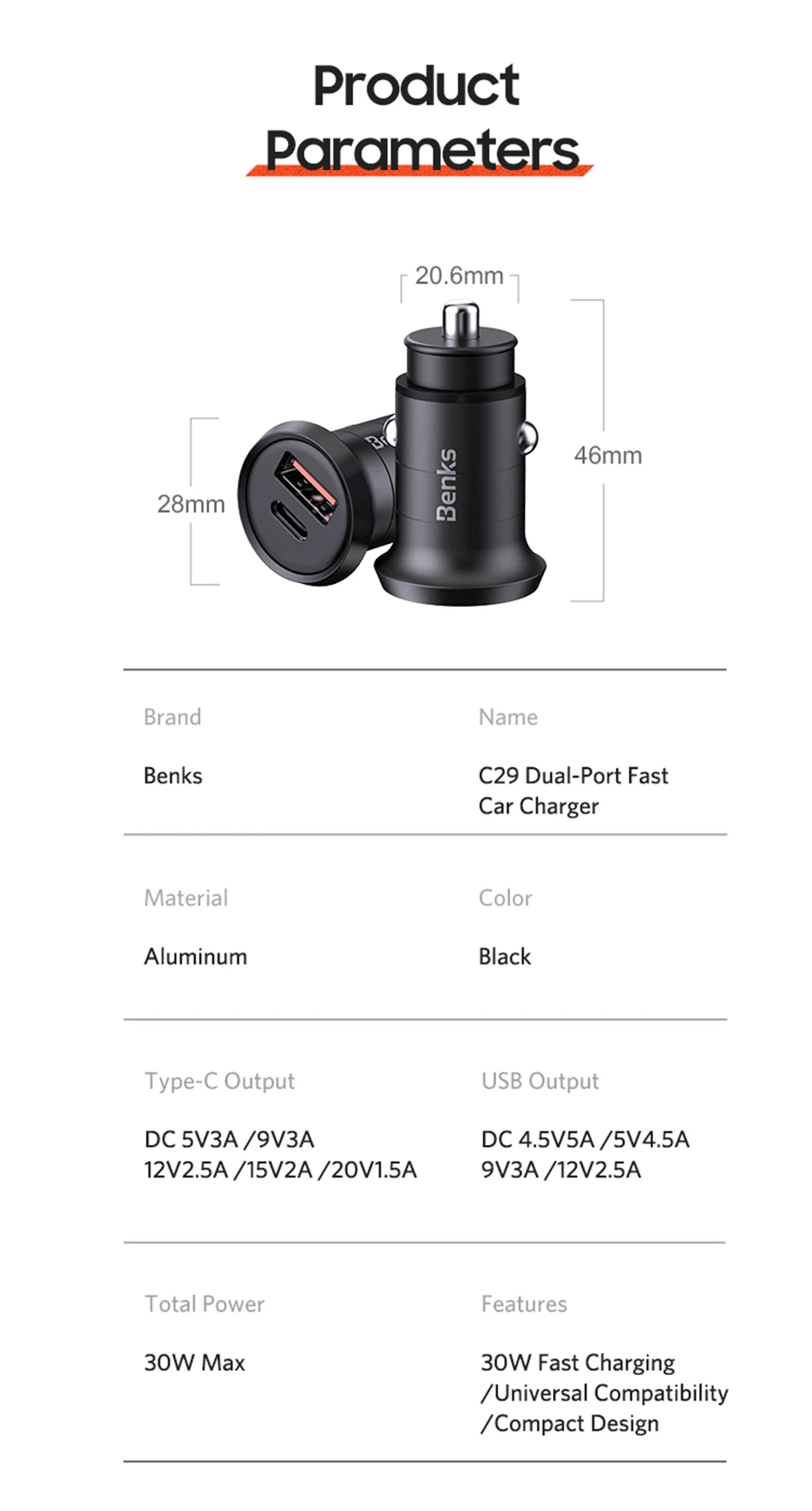 Benks Car Charger Dual Port PD QC 4.0 30W Type C Fast Charging Charger Quick Charge 3.0 For iphone 11 Pro Sumsung Huawei Xiaomi (8)