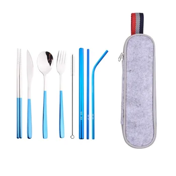 

Korean Tableware Set Stainless Steel Portable Chopsticks Straw Travel Fork Spoon Knife Set 8pcs Besteck Camping Cutlery AC50CS