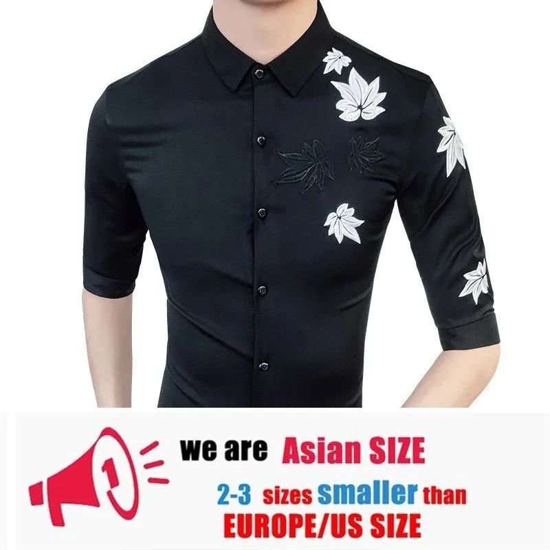Мужская рубашка с вышивкой, высокое качество, Camisa Masculina Blcak, белая рубашка с коротким рукавом, рубашка для ночного клуба, Chemise Homme, уличная одежда - Цвет: black