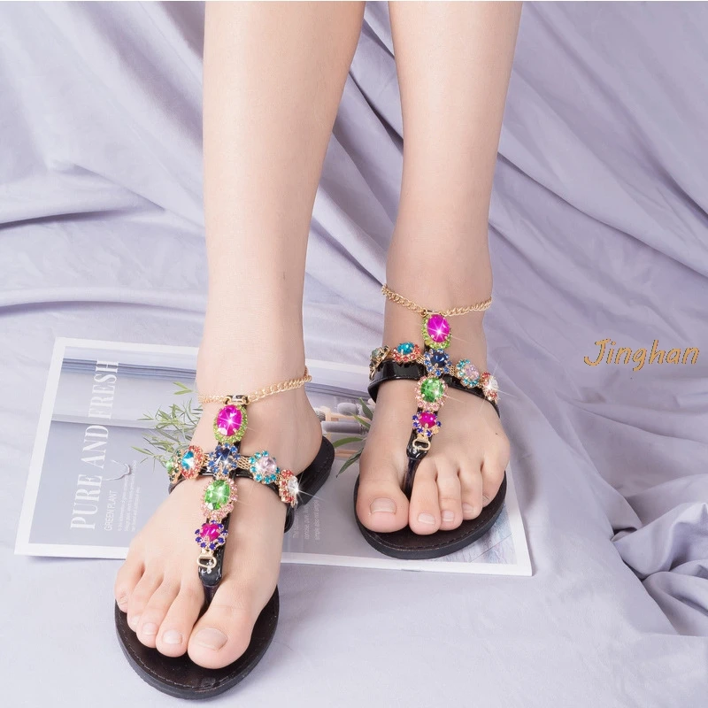 Сандалии пляжные в богемном стиле удобные босоножки на плоской подошве с