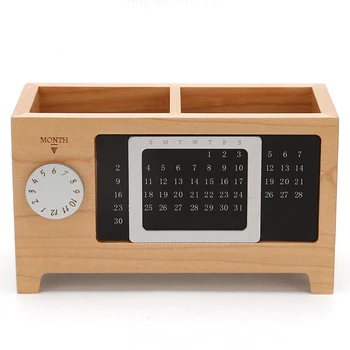 

Storage Box With Calendar Wooden Two Grids Practical Multiuse Ornaments Pen Pencil Holder Table Tidy Gift Rectangular Home