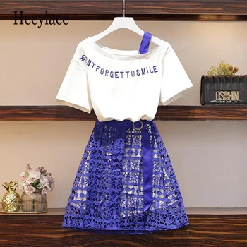 

plus size 2020 Summer Women two piece set Casual Slash neck Letter Loose Tops + Skirt Mini Hollow Out Belt Fashion 2 piece Set