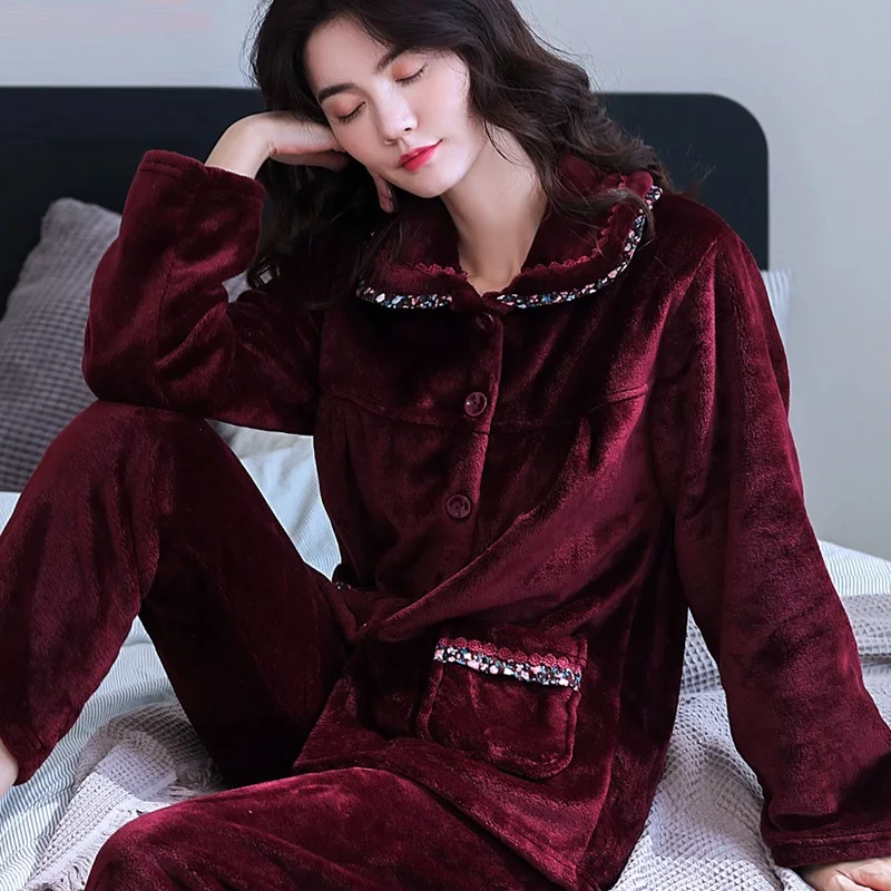 StyleK H5840 женский Пижамный костюм уплотненная фланель коралловый бархатный с длинными рукавами осенне-зимняя одежда для сна Домашняя одежда женское нижнее белье - Цвет: StyleK