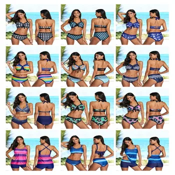 

2020 2pcs Bikini Newest Women Swimsuits Color Blocking Mid Waist V Neck Biquini Set Swimsuit Female BeachWear Bathing Swim Suit