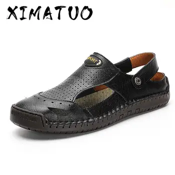 

New Summer Mens Genuine Leather Sandals Man Beach Sandals Hollow Out Roman Male Outdoor Sneakers Water Shoes Big Size