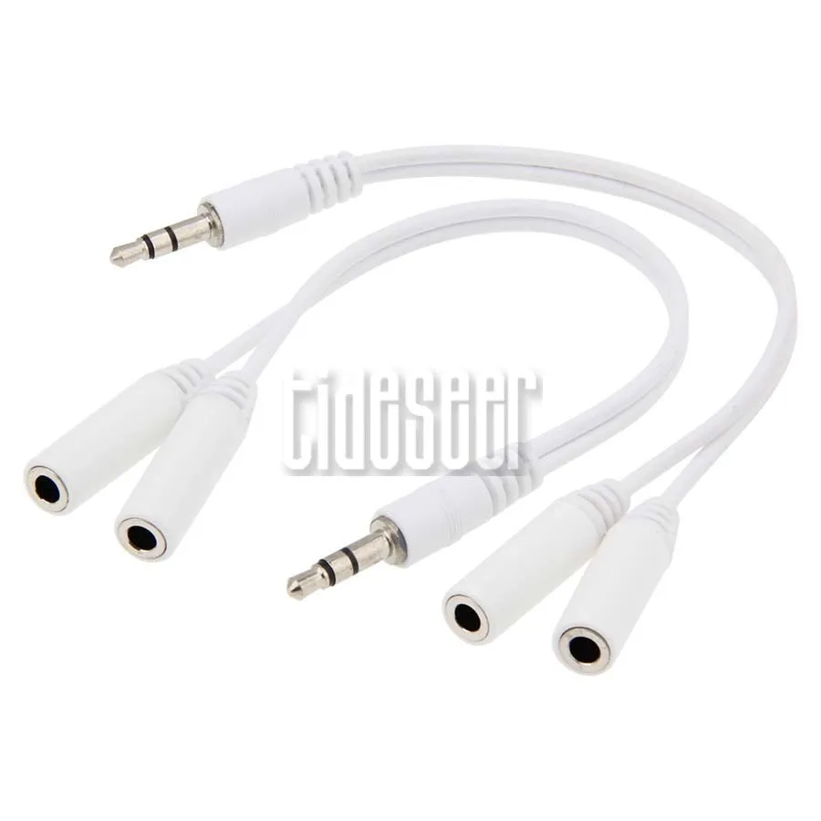 2000pcs White Audio Splitter Earphone Extension Cable Jack 3 5mm Male to 2 Female Line For Phone Laptop PC Headphone Aux Cord