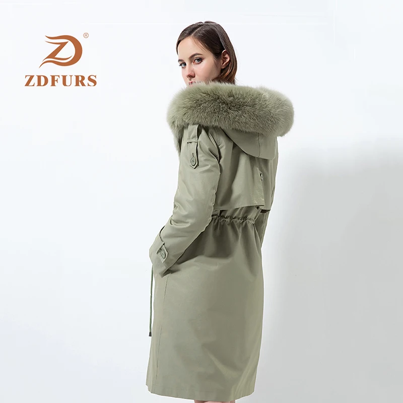 ZDFURS* Женская парка из меха кролика рекс с роскошным мехом лисы с капюшоном спереди в полоску зимний помпон из натурального меха длинная стильная ветрозащитная куртка