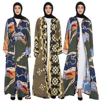 

Dubai Print Open Abaya Muslim Women Kimono Jilbab Islamic Long Maxi Dress Cardigan Vintage Ethnic Long Sleeve Robe Turkish Dress