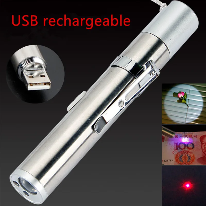 Мини красная лазерная указка Перезаряжаемый USB 3 в 1 фонарик перезаряжаемый УФ
