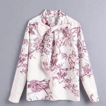 

New women vintage bow tied totem pattern print casual kimono blouse shirts women chic office blusas roupas femininas tops LS6009