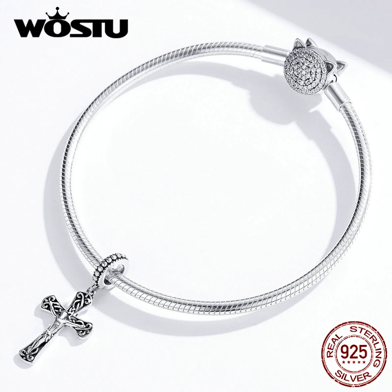 WOSTU 925 пробы серебряный крестик с Иисусом Христом бусины, подходят к оригинальному браслету, Цепочки и ожерелья с подвесками религиозные Стиль ювелирные изделия CQC1407