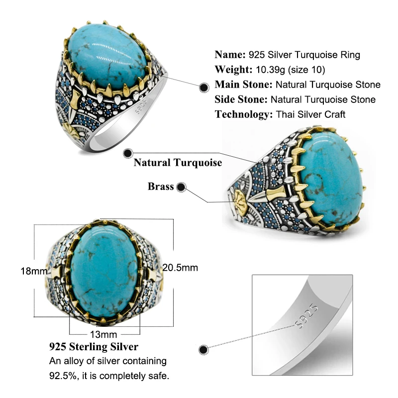 S925 Sterling Silver Inlaid Oval Turquoise Big Stone Men's