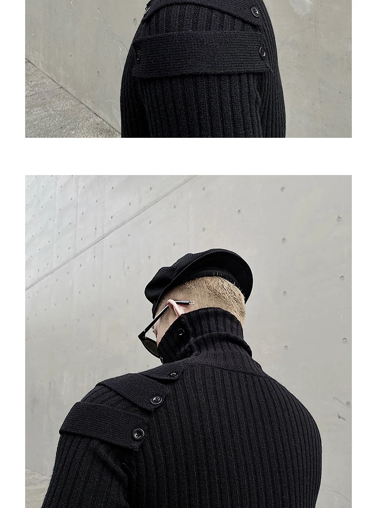 Men Turtleneck Sweater Pullover Casual Solid Color Slim Cargo Button Knitted Sweater High Street Designer Winter Warm Sweaters