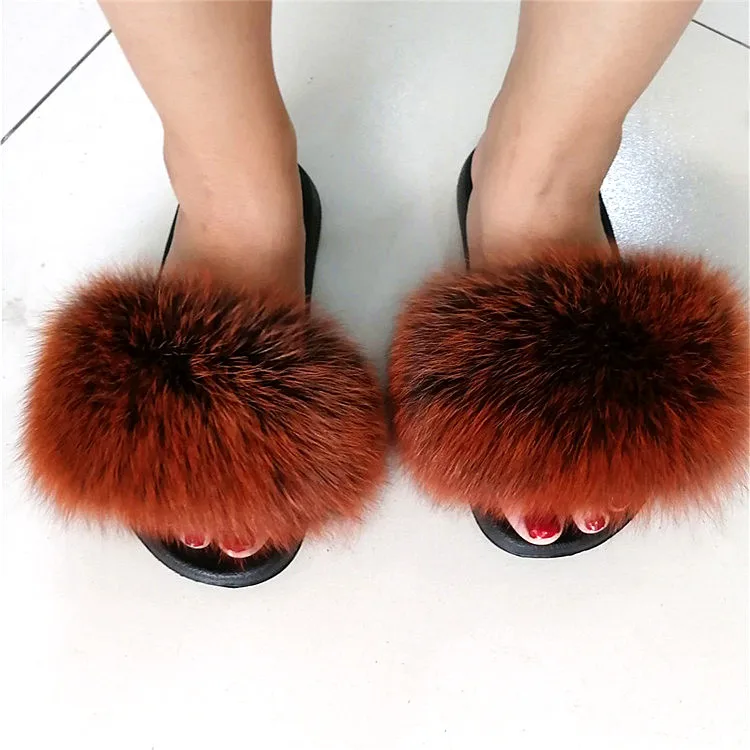 as pic shows 35 Women Fox Fur Slippers Real Fox Fur Slides Lovely Plush Slippers Woman Summer Home Sandals Women Fur Slides Furry Flip Flops Hot - Цвет: as pic shows 35