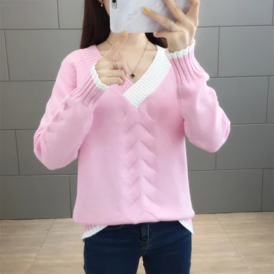 Горячее предложение женский свободный вязаный свитер осень зима пэчворк v-образный вырез женский Pull короткие свитера джемперы Повседневный пуловер Топы - Цвет: Pink