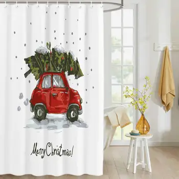

54 x 72 Inches Christmas Shower Curtain, Red Retro Style Car Xmas Tree Snowy Winter Art Decorations Theme Decor Bath Curtain