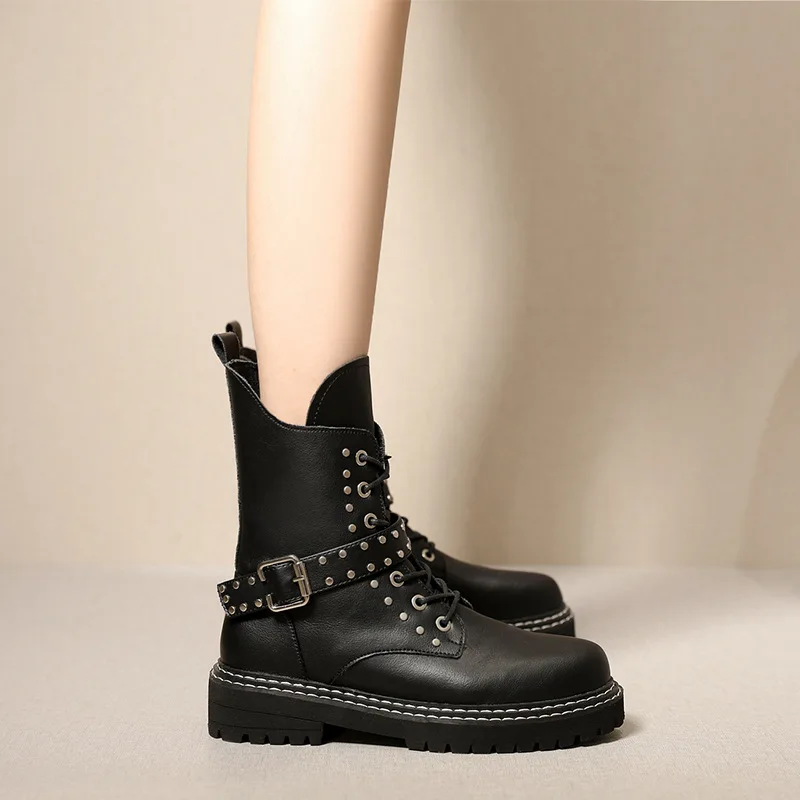 winter new Martin boots women fashion simple solid color punk style leather comfortable rivet decorative casual motorcycle