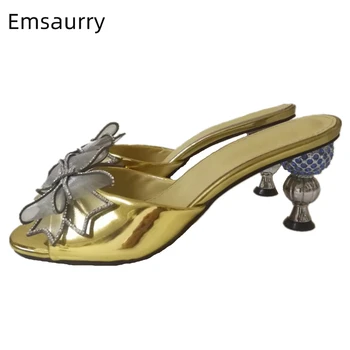 

Jeweled Air Mesh Butterfly-knot Banquet Shoes Woman Metal Beading Ball Strange Heel Sexy Open Toe Rhinestone Women Slippers