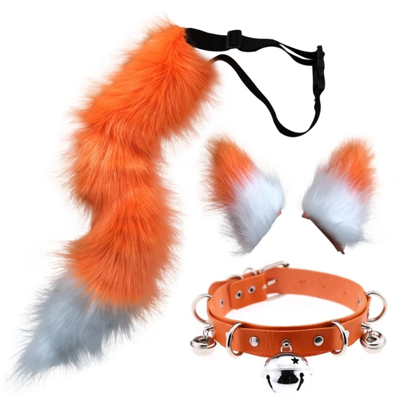 Faux Fur Kitten Wolf Long Tail Ears Hair Clips and Faux Leather Neck Collar Choker Set Halloween Party Cosplay Costume sexy nun costume