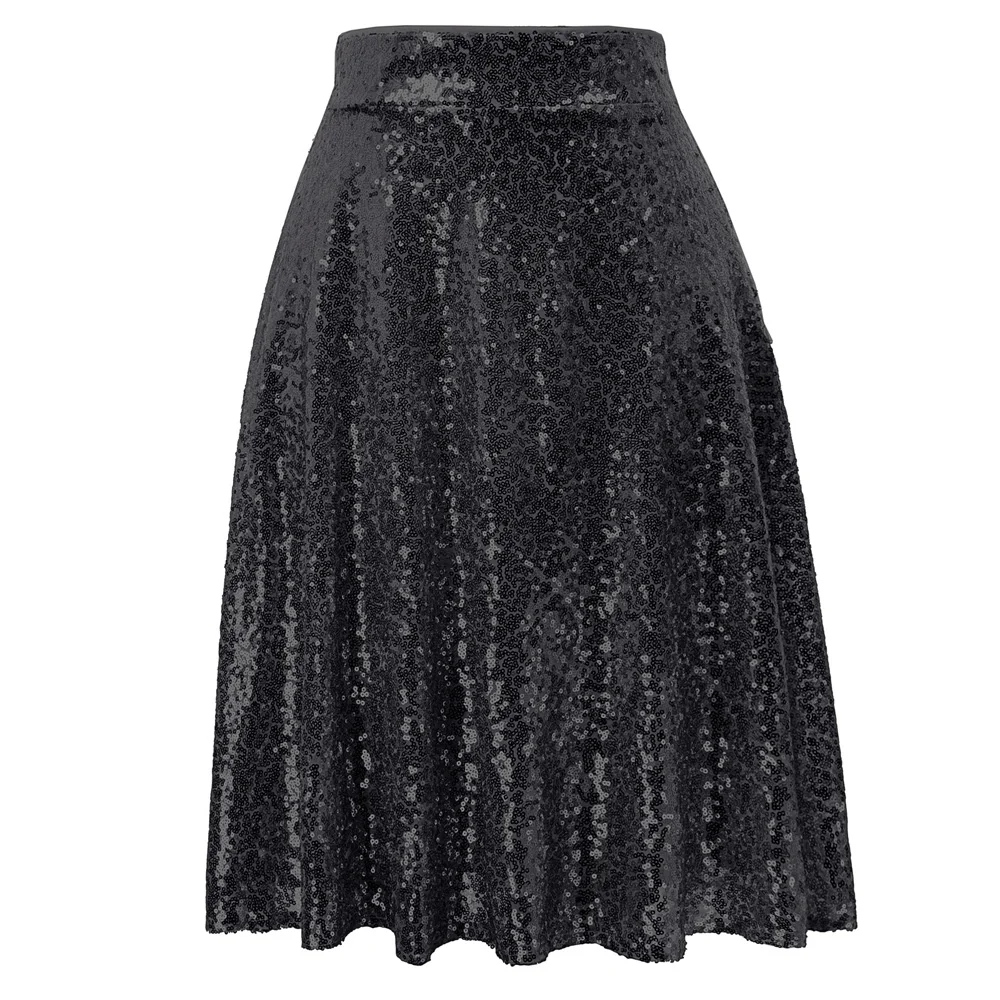 

Women's Sparkling skirts Sequined Skirt Stunning High Waist Flared A-Line zipper solid color swing knee length sweet skirt lady