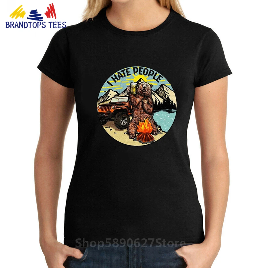 Funny Animal Tee I Hate People T shirt women Cartoon Camping Bear Tshirt Retro Hiking Lovers Summer High Quality Tops | Женская одежда