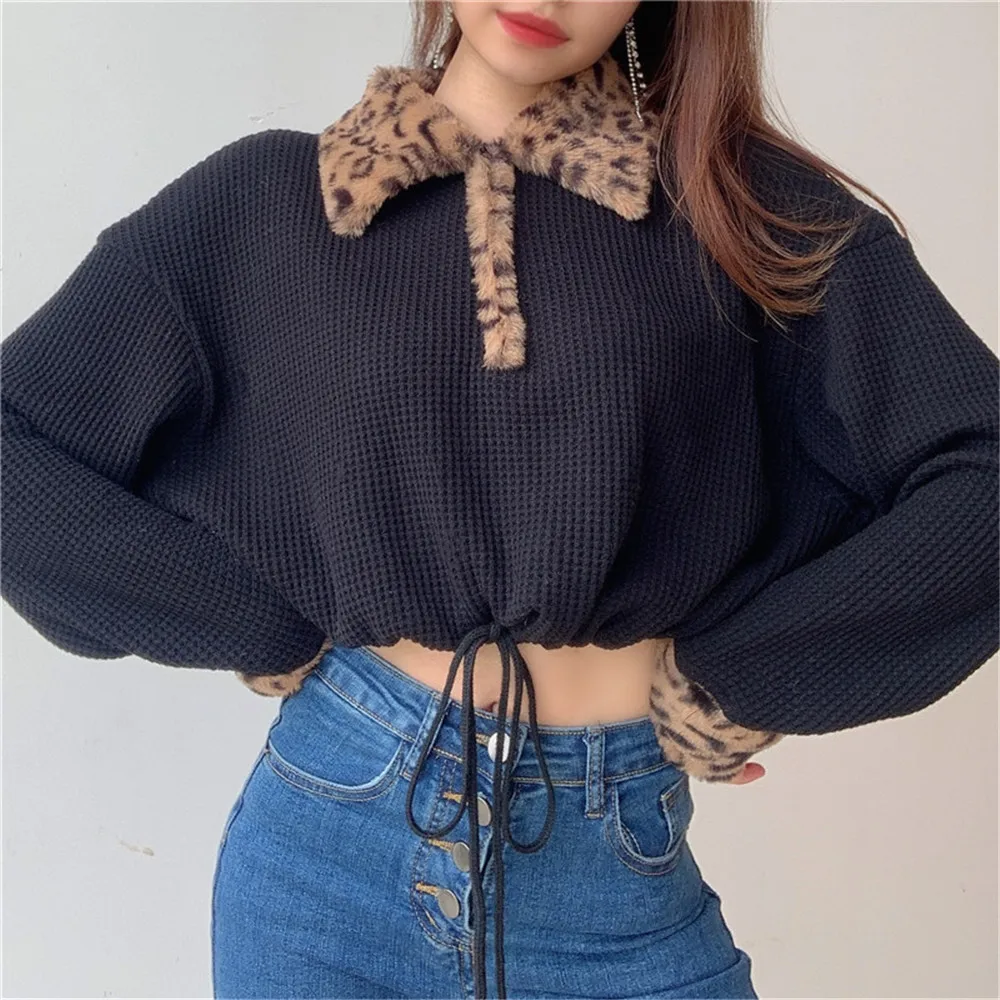 Sexy Leopard Lapel Collar Long Sleeve Crop Top