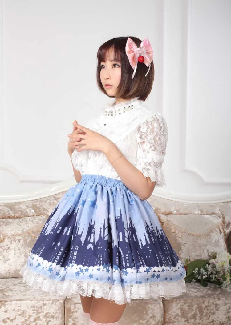Милые Юбки принцессы в стиле Лолиты; оригинальная Женская юбка с принтом в стиле снежной ночи; Готическая часовня; замок в стиле Лолиты; кружевная юбка средней длины; GZWY089