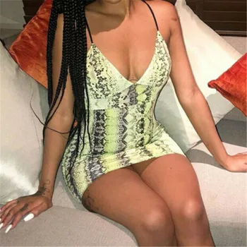 

Sexy 2020 Women Sleeveless Dress Bandage Bodycon Dress Deep V Neck Evening Party Mini Dress Snake Print Dress