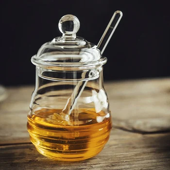

Glass Honey Jar High Borosilicate Glass Kitchen Jar Honey Pot with Dipper and Lid Storage Jar Container for Honey Syrup 250ML