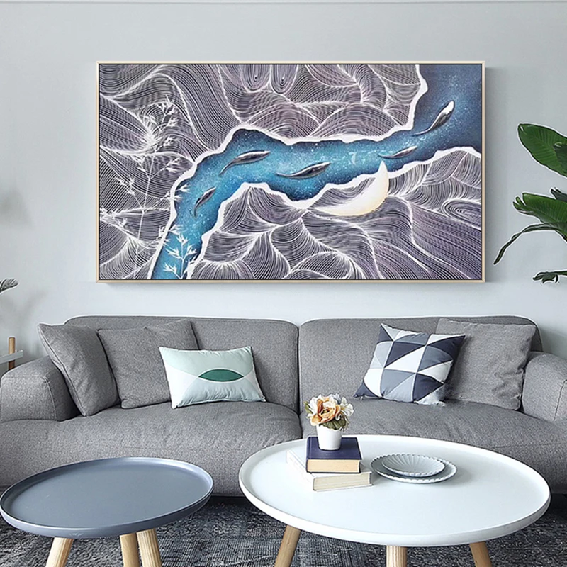 

R&GART Handpainted Abstract Line River Oil Paint On Canvas Art Oil Painting Gift Home Decor Living Room Wall Adornment Picture