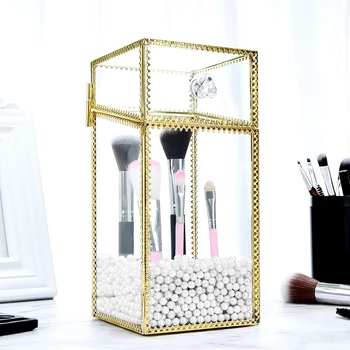 

Geometric Glass Makeup Brush Box Elegant Desktop Jewelry Cosmetic Storage Barrels Pen Holder Organizer Bucket with Pearls Decor