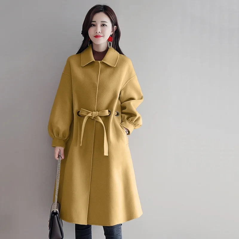Long Elegant Wool Blends Coat Women Winter Casual Turndown Lace-Up Woolen Coat Korean Vogue Lantern Sleeve Warm Outerwear AA5080
