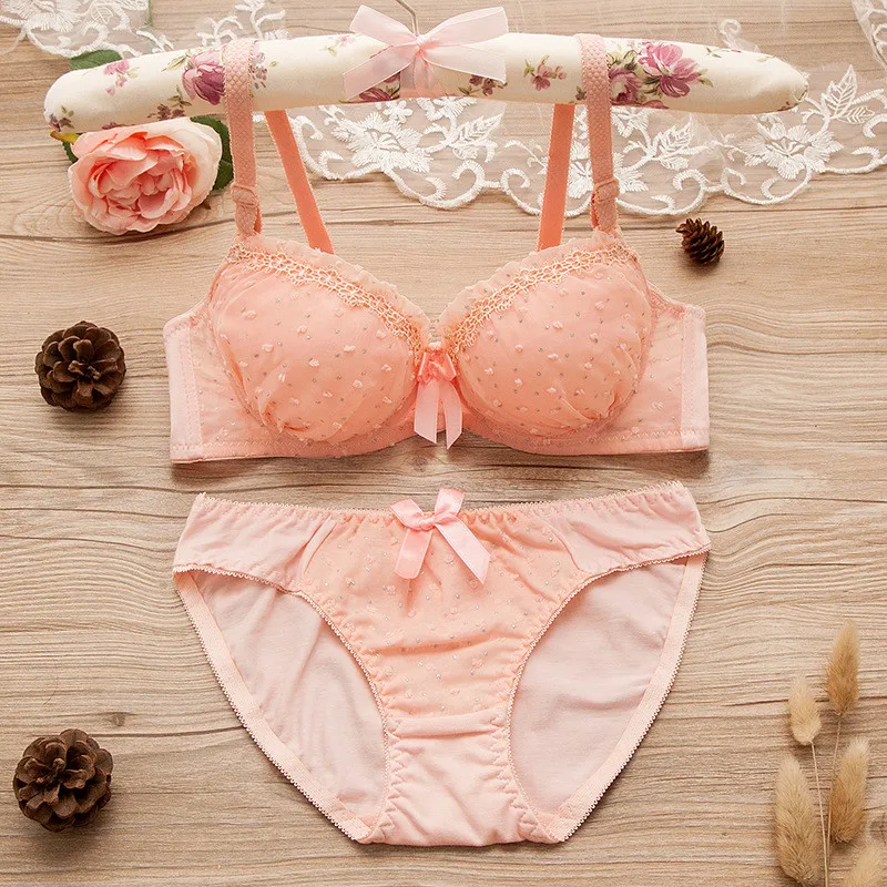 Maiden Cotton Underwear Set Lace Floral Bra Suits for Women Small Cup Students Lingerie Cute Bars Triangle Panties 2Pcs Outfits bra and panty sets Bra & Brief Sets