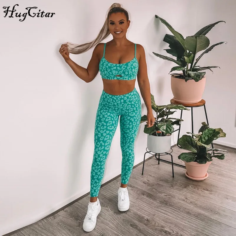 Hugcitar принт эластичный camis leggins 2 шт. комплект Осенняя женская повседневная одежда облегающая спортивная одежда