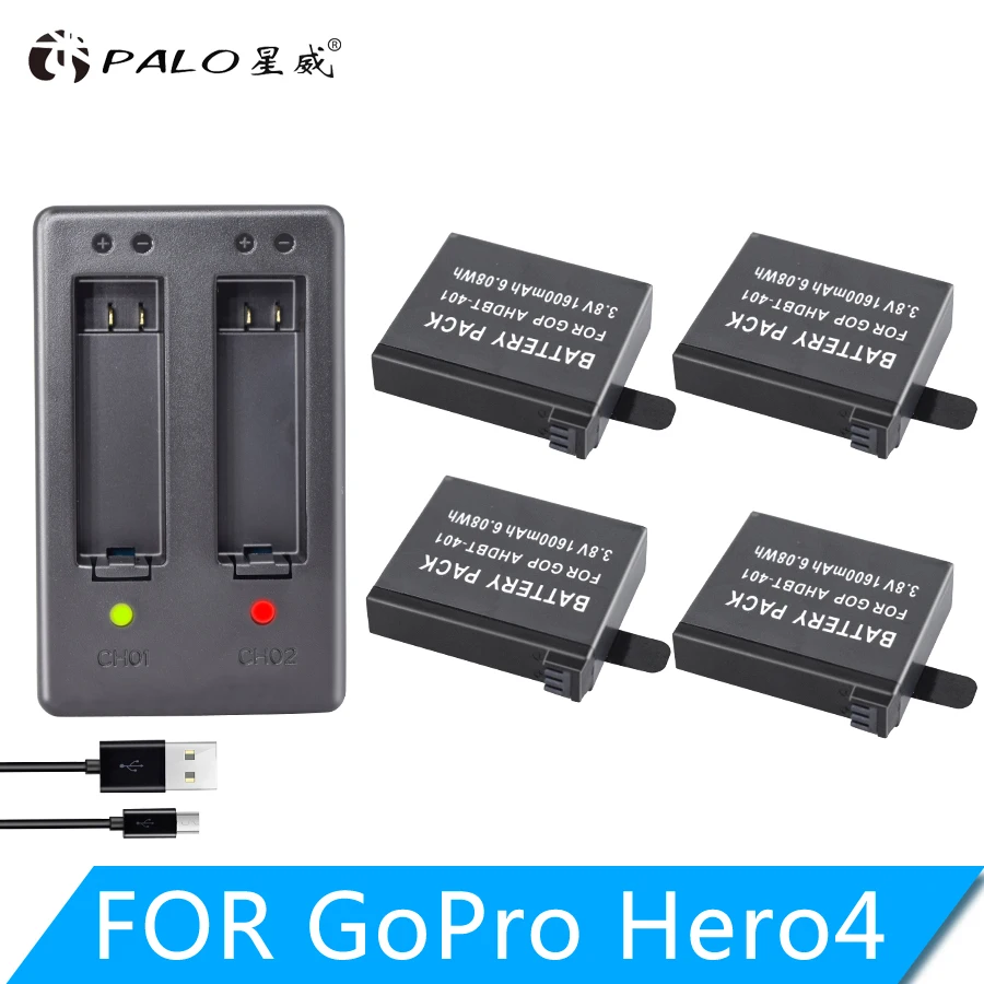 PALO 1600 мАч AHDBT-401 Аккумулятор akku для Gopro Hero 4 батареи Go Pro Hero4 bateria AHDBT 401 аксессуары для экшн-камеры - Цвет: 4pcs and charger