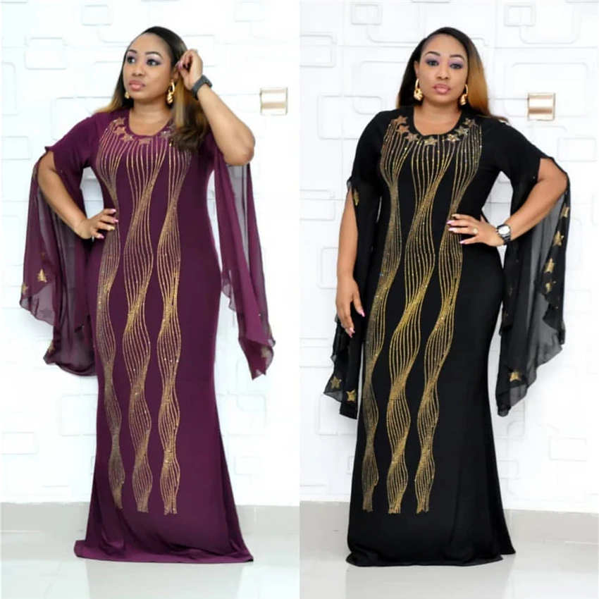 

African Woman Floor Length Dresses Ruffle Sleeve Robe Rhinestone Dashiki Elegant Mermaid Bazin Slim Party Wear Evening Dress