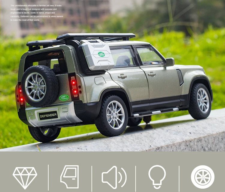 Modelo de Metal com Luz e Som Simulação Escala Land Defender Rover Diecast Liga Carro Veículo Brinquedos Coleção 1:24 Orv 2022 1 com luz e som 2020 land defender
