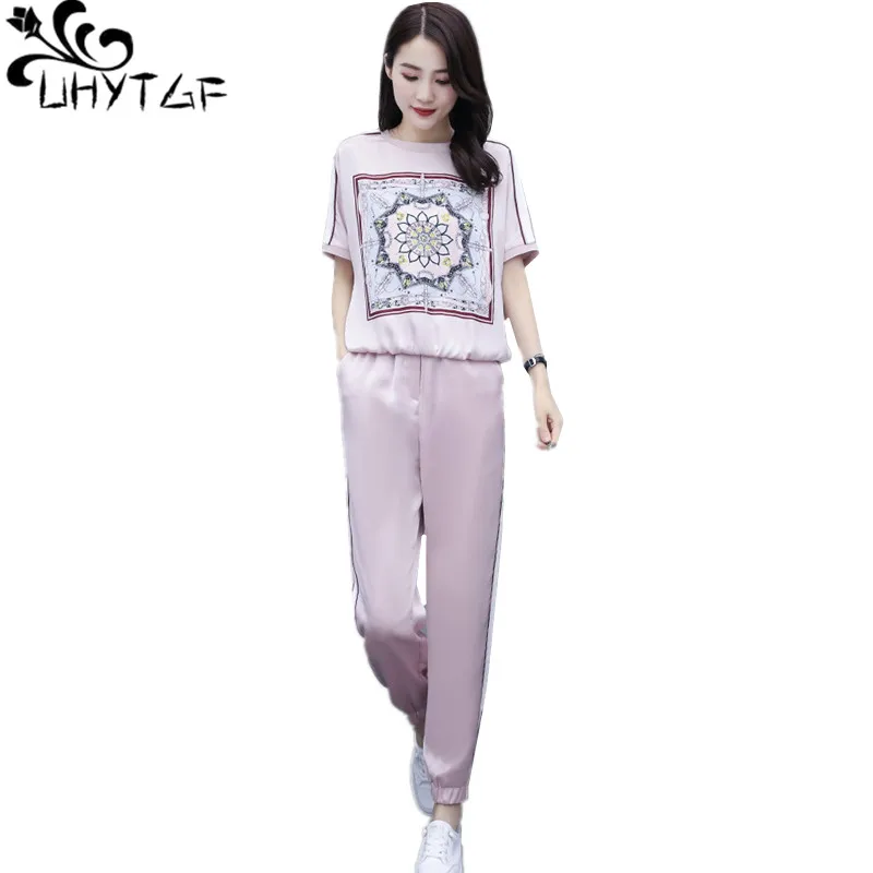 

UHYTGF Модный летний комплект из двух предметов для женщин 2022 короткий рукав 4XL свободный размер спортивный костюм женский с круглым вырезом Повседневный пуловер женский костюм