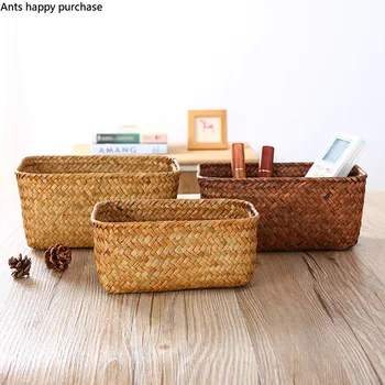 

Seaweed Hand Made Sundries Storage Basket Rectangular Remote Control Storage Basket Key Basket Bedroom Home Clothing Storages