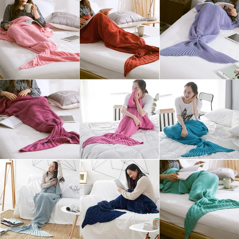 Mermaid Tail Blanket Yarn Knitted Handmade Crochet Mermaid Blanket Kids Throw Bed Wrap Super Soft TV Sofa Sleeping Bed Decor