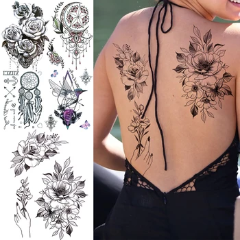 

DIY Peony Temporary Tattoos For Women Girls Realistic Rose Lace Fake Jewelry Hummingbird Tattoo Sticker Washable Tatoo Back
