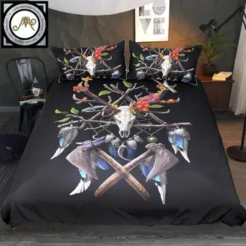 

Skull by Sunima-MysteryArt Bedding Set Green Black Duvet Cover Twin Tribal Skull Axe Bed Set Gothic Home Textiles Dropshipping