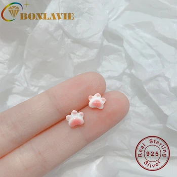 

BONLAVIE 925 Sterling Silver Pink Cat Claw Ceramic Earrings Cute Small Female Suitable for Small Earrings exquisite