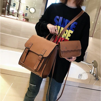 

Vintage 2 PCS/SET Leather Women Backpacks For Teenage Girls Teenagers Female Pu Travel Bags School Bag Mochilas Rugzak Bagpack