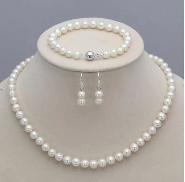 New 7-8mm Natural Freshwater Pearl Necklace Bracelet Earrings Set AAA