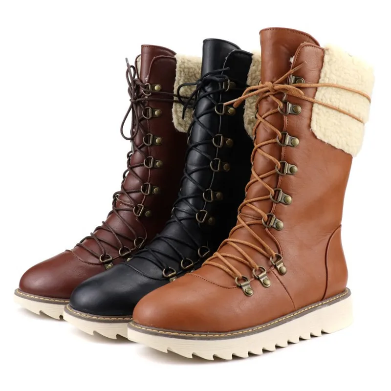 PXELENA Women Mid Calf Boots Flat Platform Comfort Casual Shoes Lace Up Riding Knight Military Combat Biker Booties 34-43