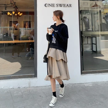 

2020 Main Spring And Autumn New Style Long-sleeved Stitching Dress Fashion Casual Loose Printed Sweater Black S-L