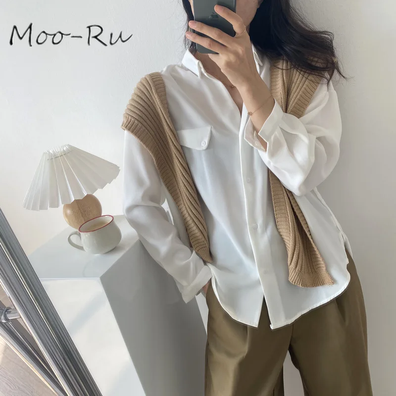 

Moo-Ru 2020 Spring New Korean Plain V-neck Long Sleeve Blouse and Chiffon