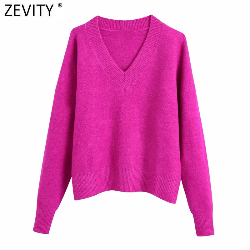 Zevity Women Simply V Neck Soft Touch Casual Purple Knitting Sweater Female Chic Basic Long Sleeve Pullovers Brand Tops SW901 | Женская