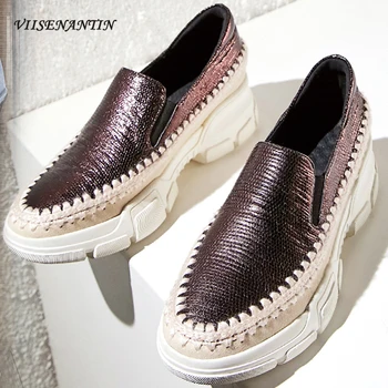 

2020 Slip on New Leather Slip-on Lazy Shoes Waterproof Flat Platform Women Spring and Autumn Leisure All-match Silver Loafers